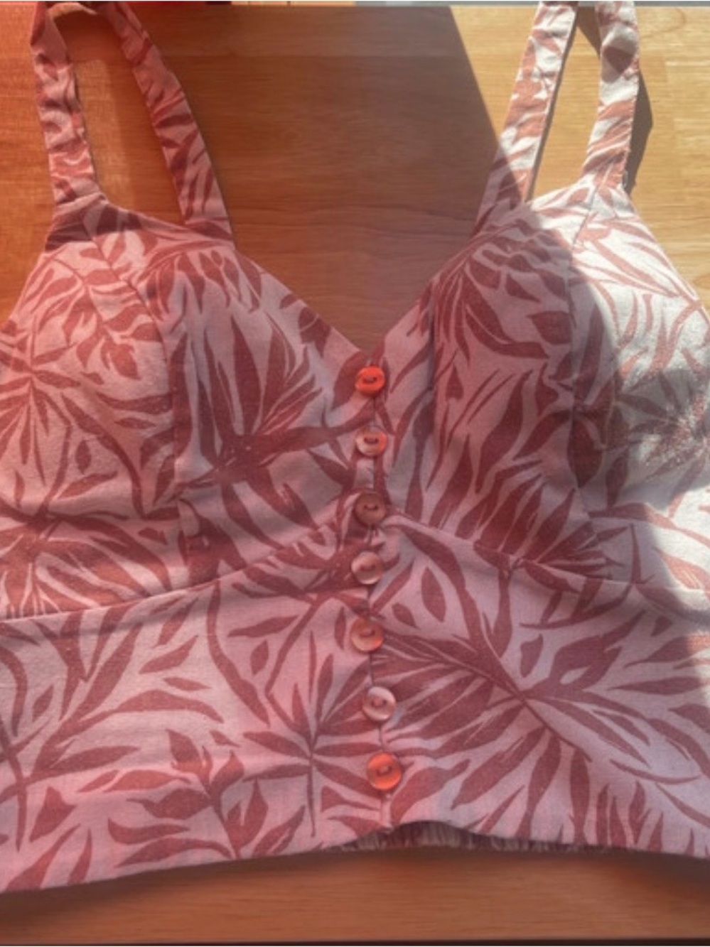 Haute Monde Pink and Rust Tropical-Print Button Front Crop Cami